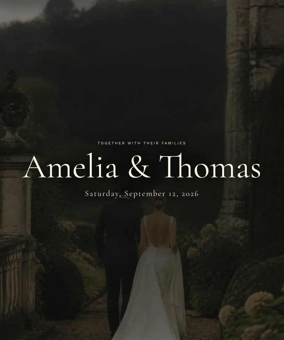 The Aurelia template, with ivory serif names over a wedding photograph in a garden.
