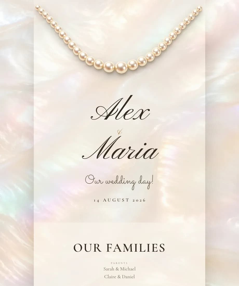 The Perla template, with calligraphic names on mother-of-pearl beneath a strand of pearls.