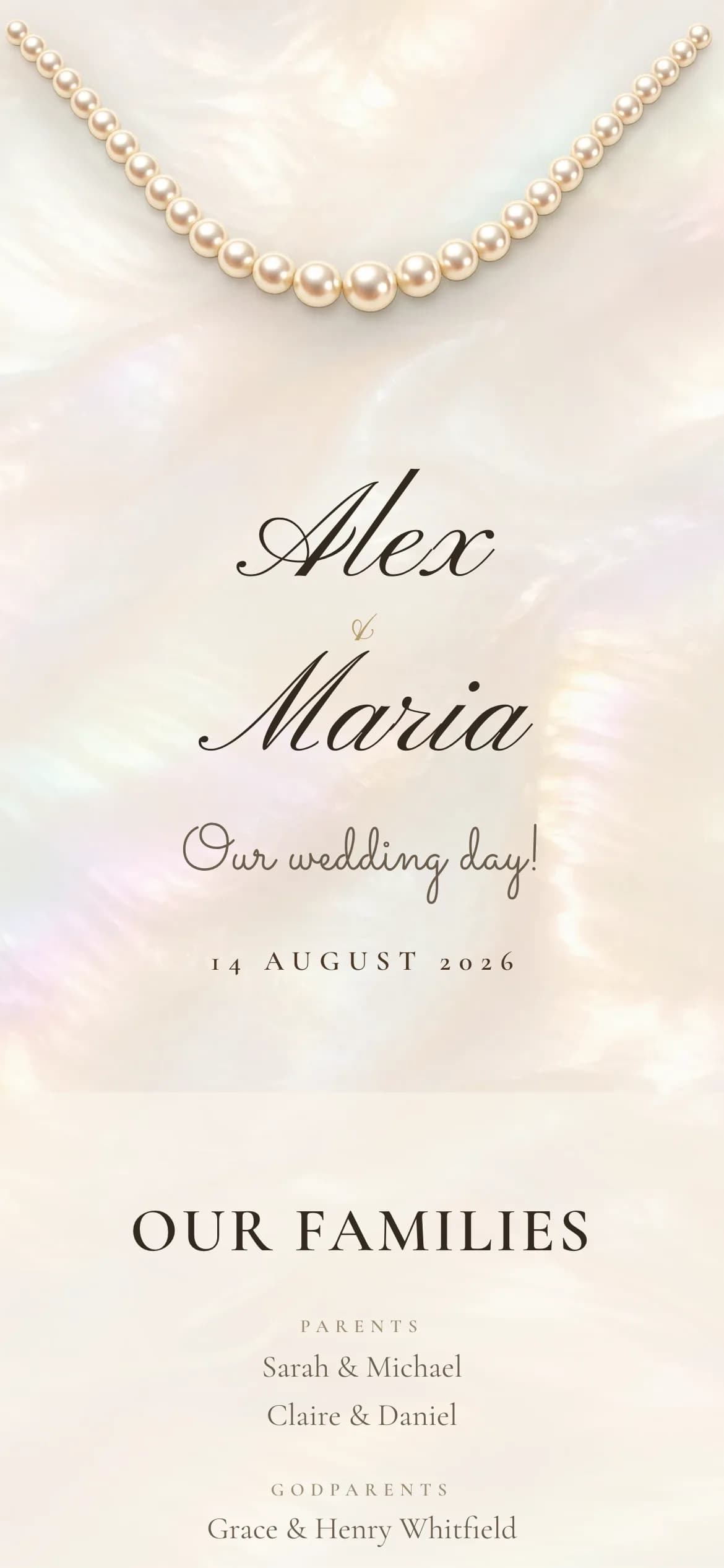 The Perla invitation on a phone, with calligraphic names on mother-of-pearl and the Our Families section.